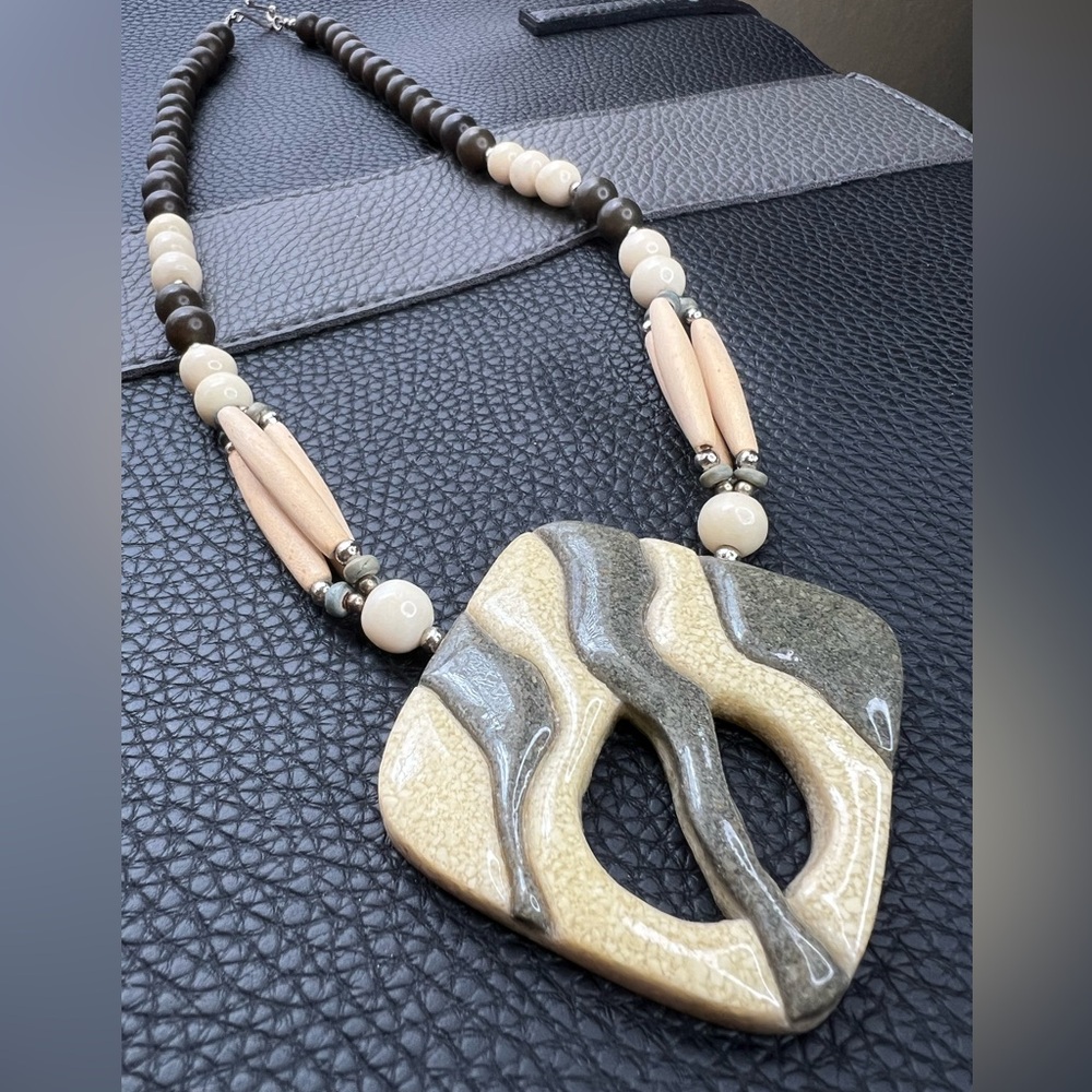 RARE Vintage Wooden Ceramic Beaded Necklace with Resin Pendant 22"